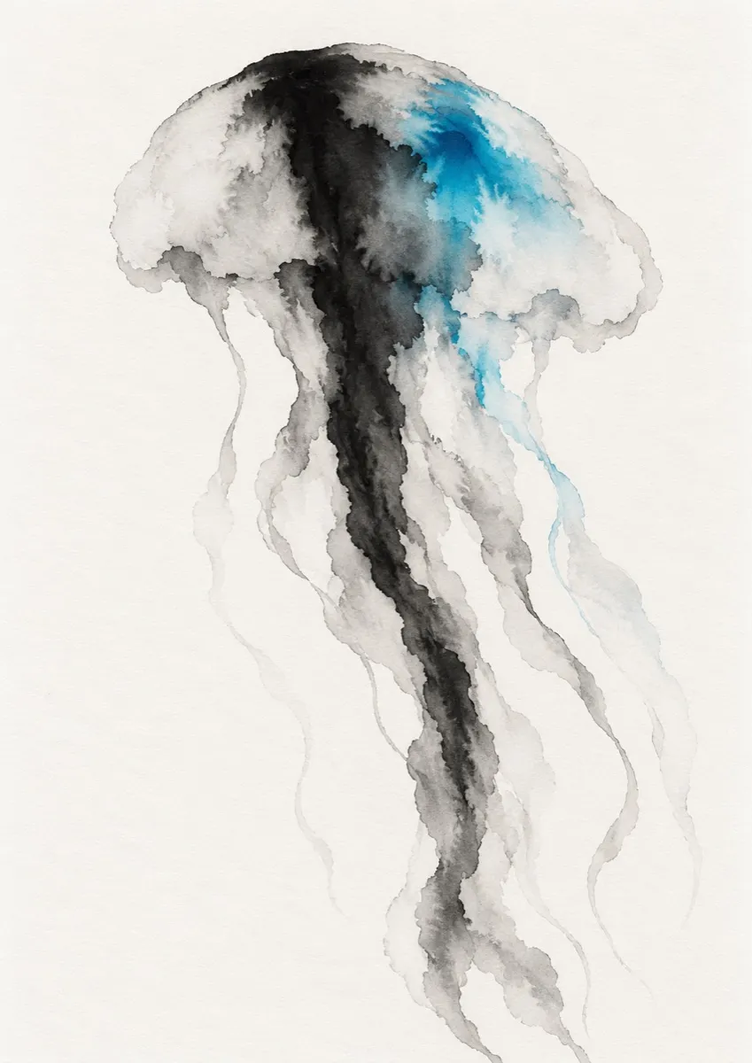A generated jellyfish in black ink and cyan on white paper